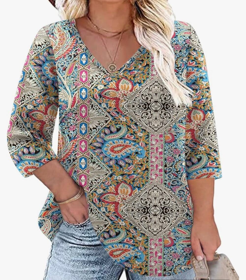 NWT Women's Plus Size XL V Neck 3/4 Sleeve Old Nation Design Casual Shirt